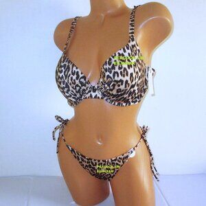 38C/XL Victoria Secret Swim Icon Push Up Top Bikini Set Side Tie Bottom Leopard